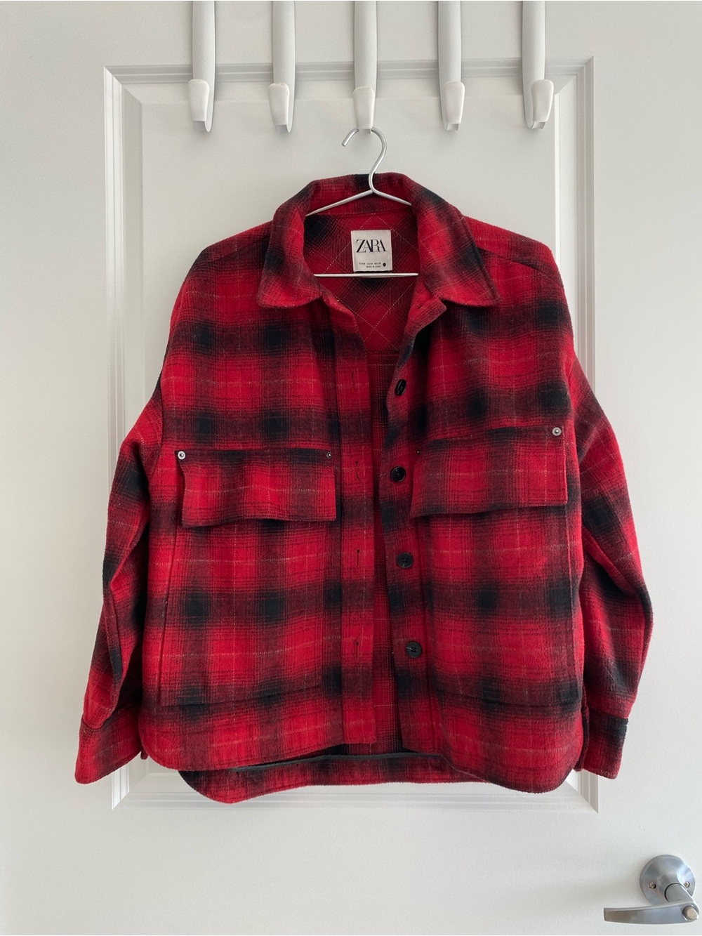 Zara Red and Black Plaid Wool-Blend Shacket
